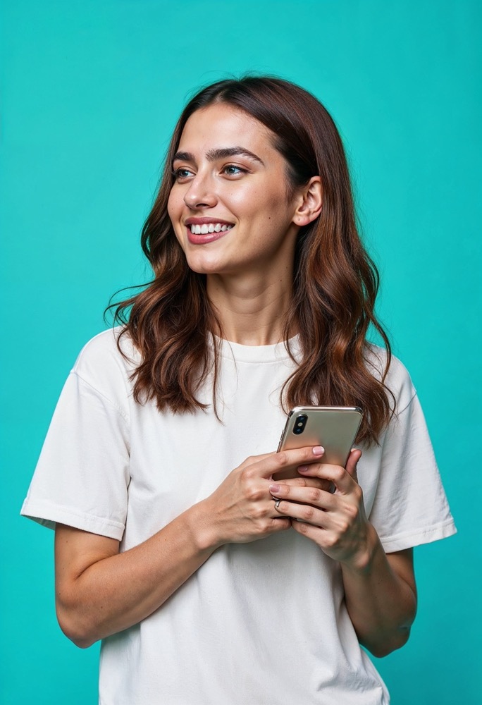Colaboradora sorrindo com o celular na mão