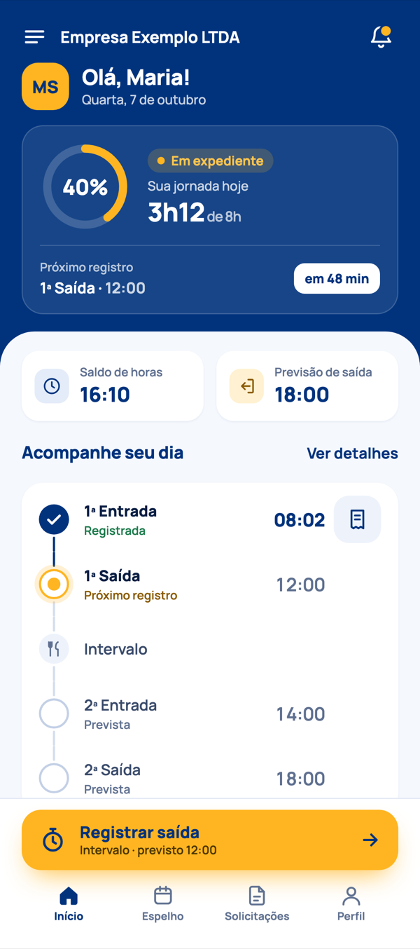 Tela inicial do aplicativo Chronno com a jornada do dia