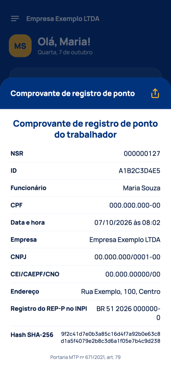 Tela do comprovante de registro